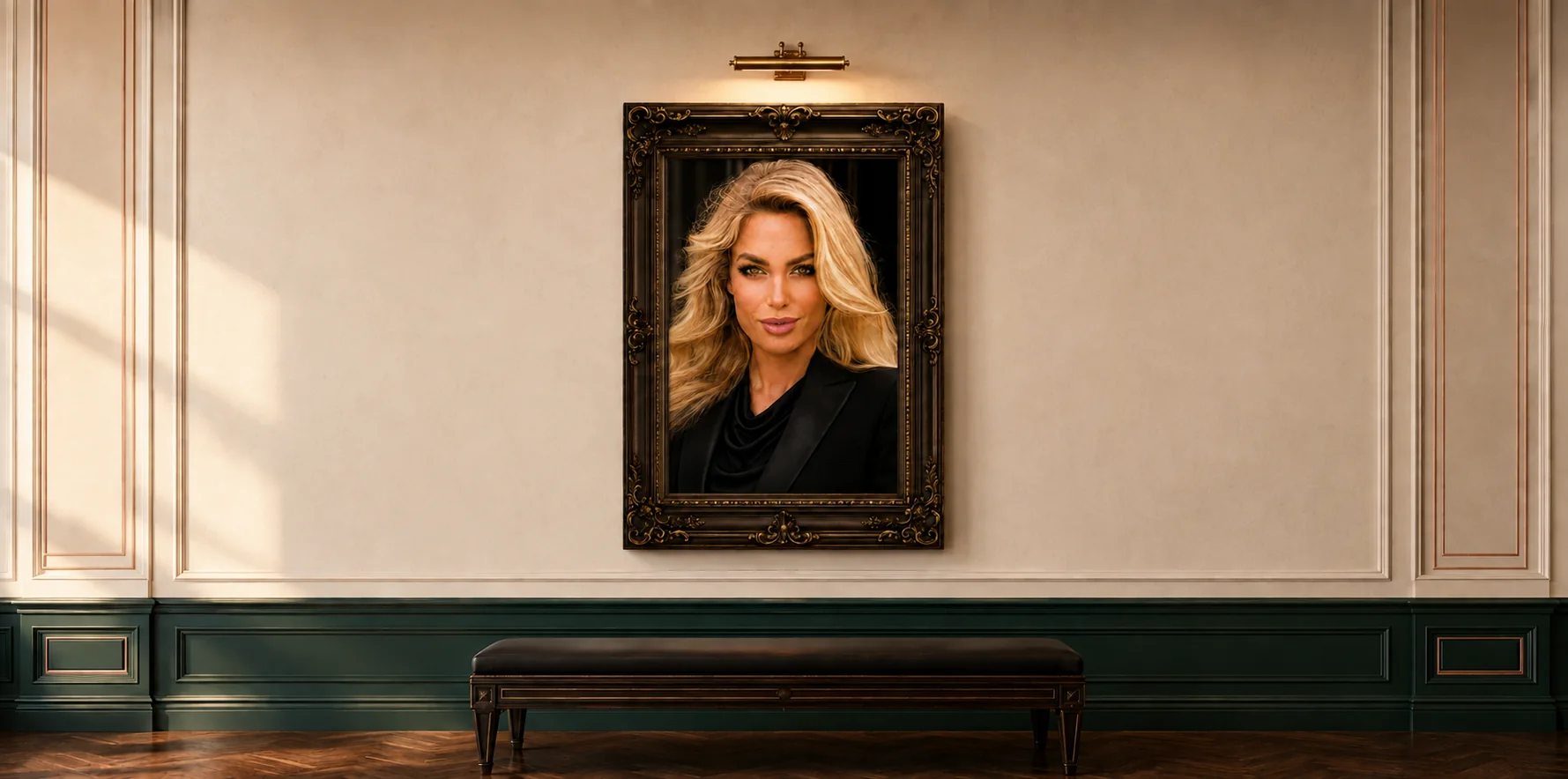 A gallery wall: Shelby Korpi’s portrait in a carved dark frame under a brass picture light, on ivory panelling above a green wainscot, with a leather bench beneath.