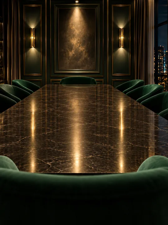 The FOUNDER Collection boardroom at night: a long polished marble table running to a panelled dark green wall between two brass sconces, green velvet chairs down both sides, white flowers on a lit shelf at the left and city lights through the window at the right.