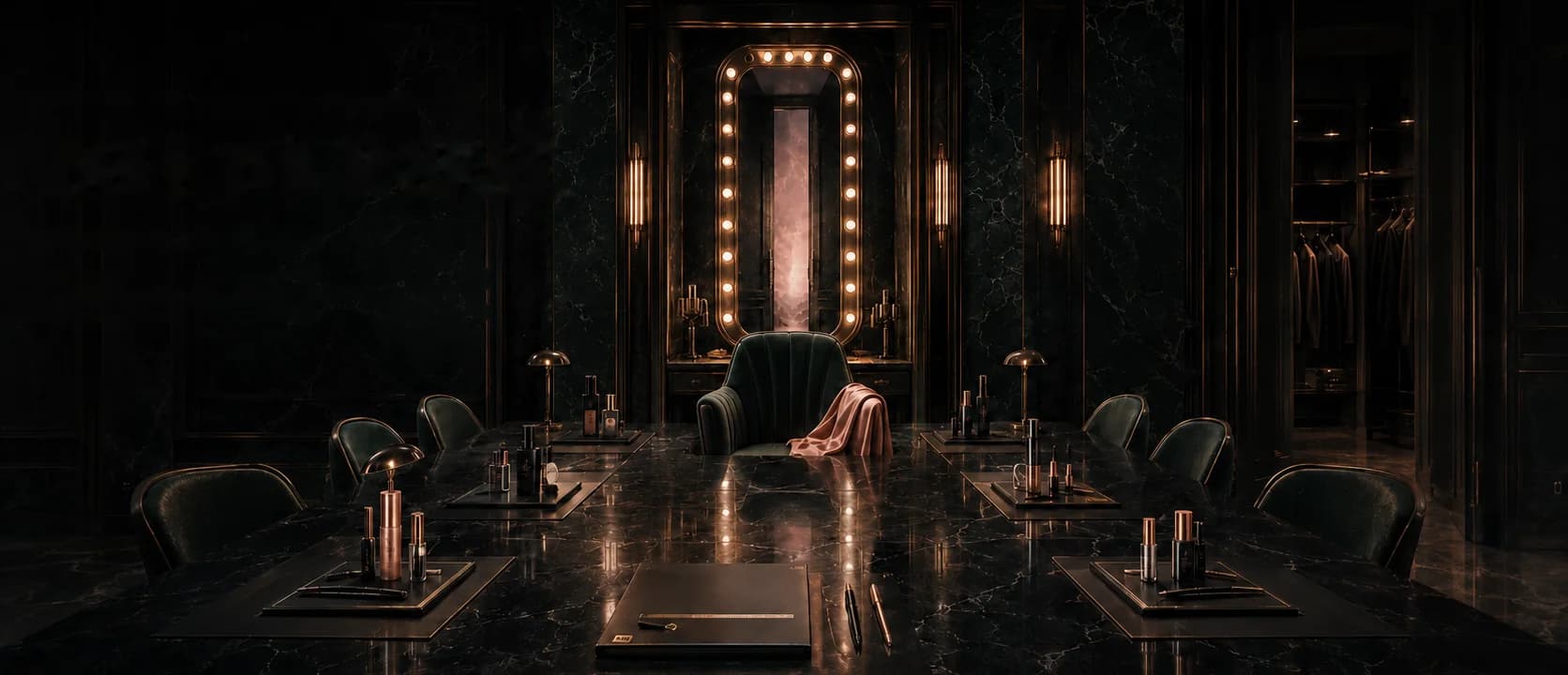 The boardroom vanity: an empty green chair with a rose silk over its arm before a bulb-lit mirror, the collection laid at every seat.