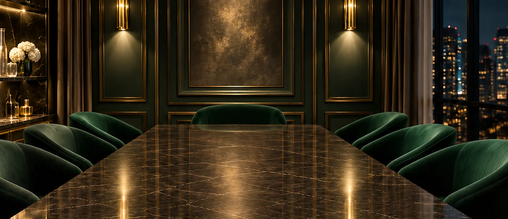 The FOUNDER Collection boardroom at night: a long polished marble table running to a panelled dark green wall between two brass sconces, green velvet chairs down both sides, white flowers on a lit shelf at the left and city lights through the window at the right.