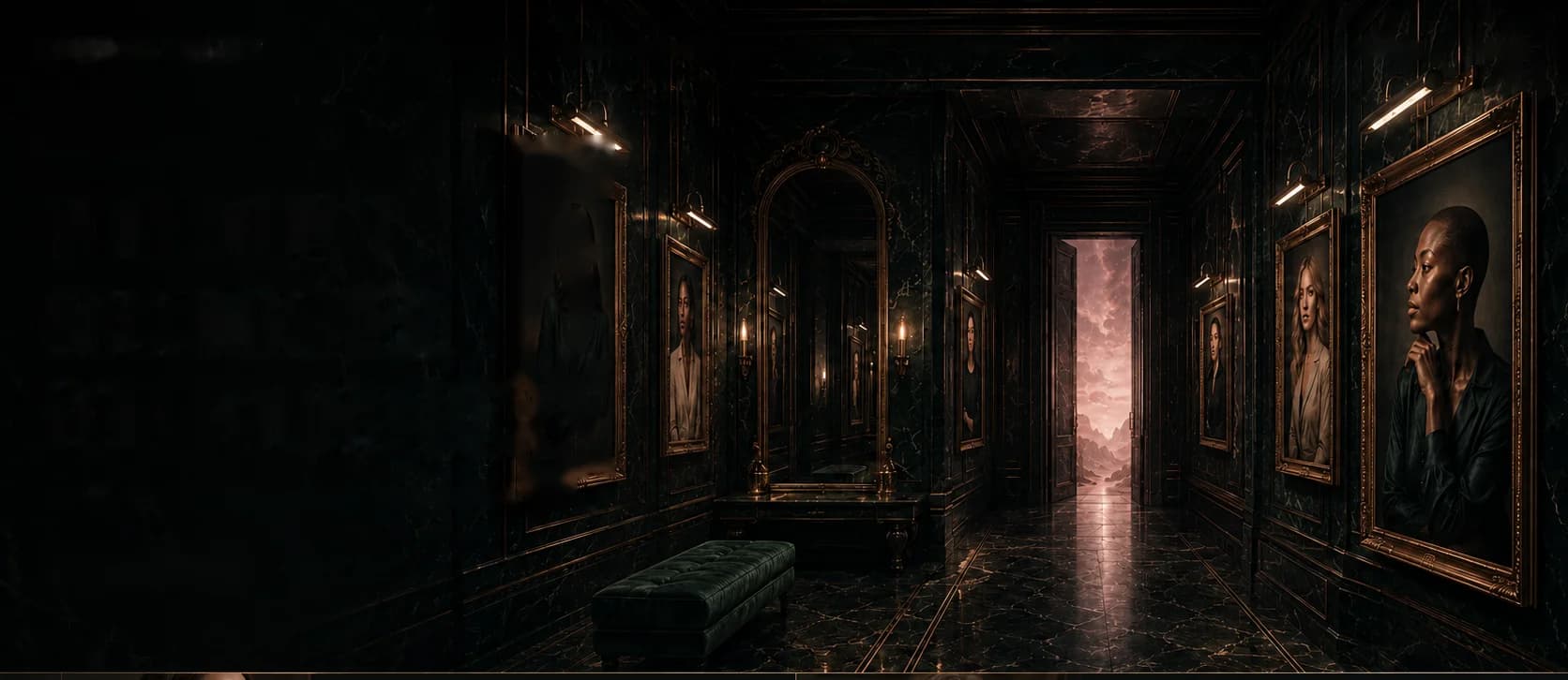 The FOUND HER gallery: gilt-framed portraits of women down a dark marble hall, sconces lit between them, a doorway at the far end open onto a soft desert-pink sky — the light from the next room.