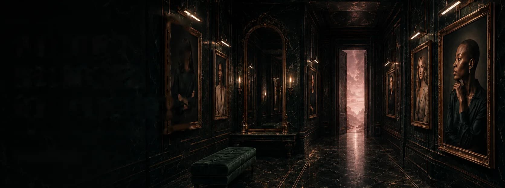 The FOUND HER gallery: gilt-framed portraits of women along a dark marble hall, a door at the end open onto a pink desert sky.