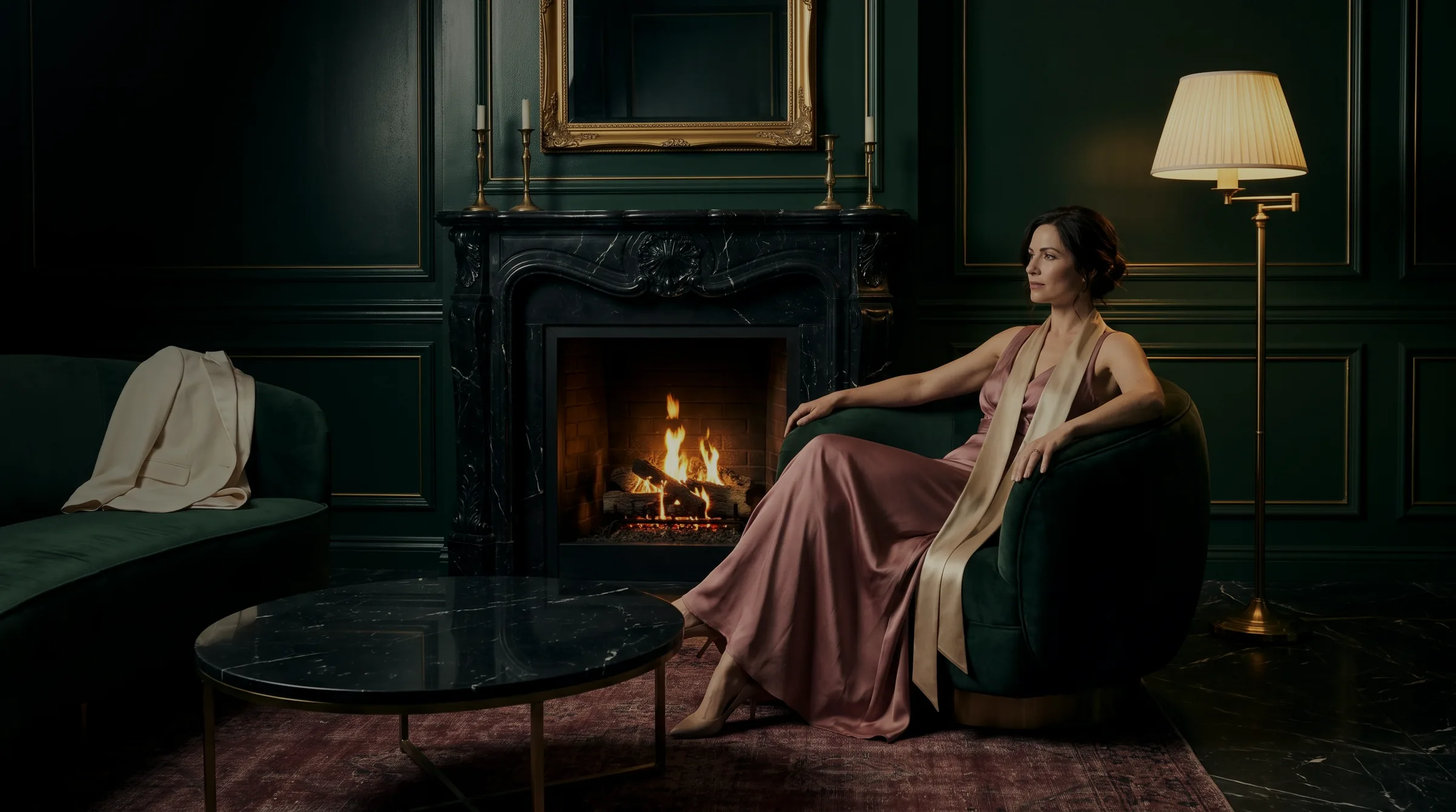 The FOUNDER sitting room: a woman in a rose silk gown with a champagne sash sits in a green velvet armchair beside a black marble fireplace, the fire lit, a brass lamp glowing, a cream blazer over the arm of the green sofa.