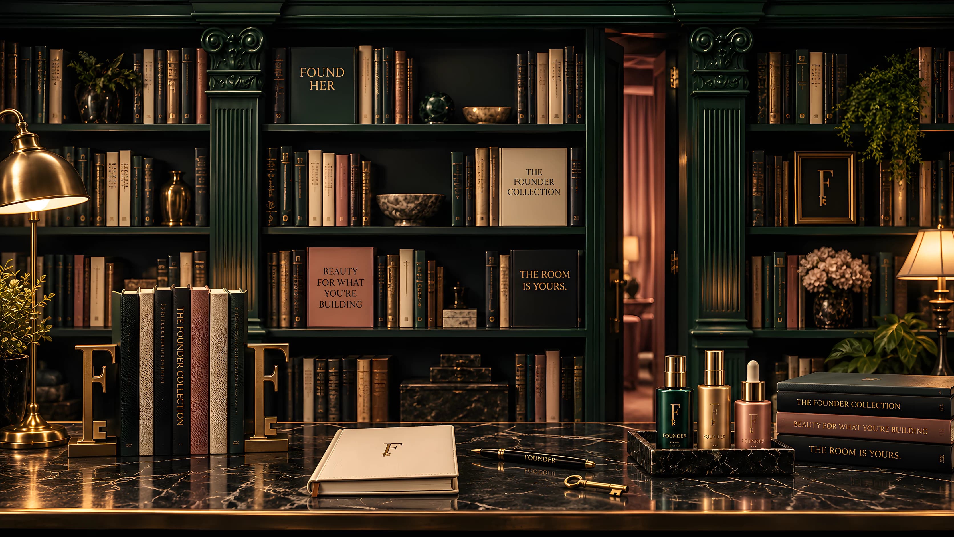 The FOUNDER library: floor-to-ceiling Founder Green shelves of cloth-bound books — FOUND HER, THE FOUNDER COLLECTION, BEAUTY FOR WHAT YOU'RE BUILDING, THE ROOM IS YOURS on their spines — a brass reading lamp, and on the black marble desk a cream journal with a gold F, a FOUNDER pen, a brass key and the three serums on a marble tray; a desert-pink room through the open door.