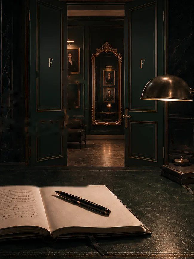 The founder's study: an open journal and fountain pen under a brass task lamp on a dark marble desk, her portrait on the wall, the emerald doors open onto the FOUND HER gallery beyond.