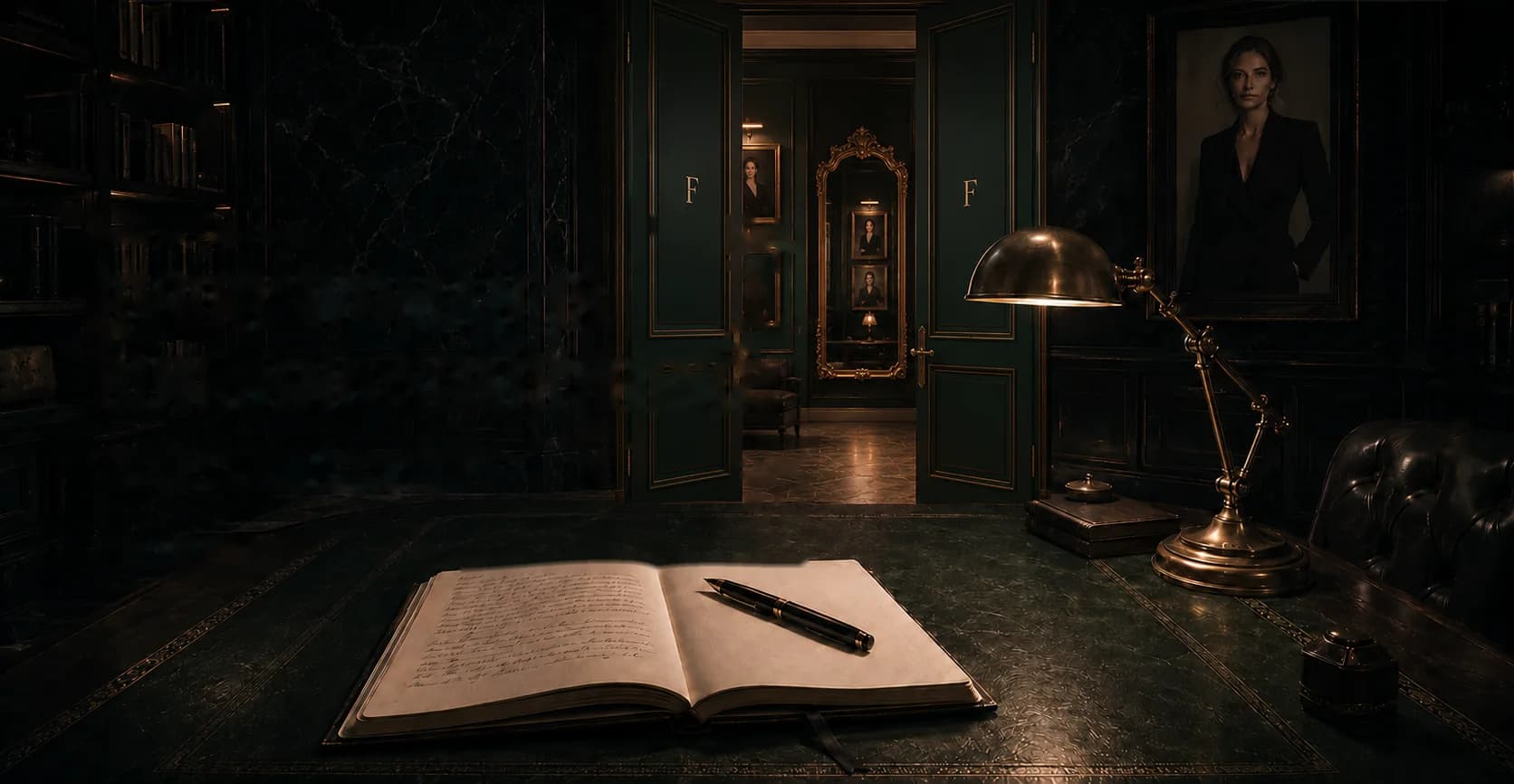The founder's study: an open journal and fountain pen under a brass task lamp on a dark marble desk, her portrait on the wall, the emerald doors open onto the FOUND HER gallery beyond.