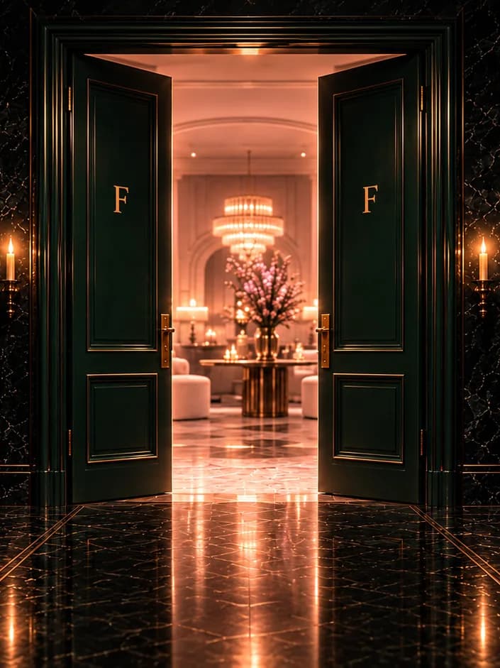 The FOUNDER front hall at night: tall Founder Green double doors, a brass F on each leaf, standing open onto a rose-lit salon with a crystal chandelier and blossom on a brass table; black marble walls, lit candles in brass sconces and green tufted benches either side.