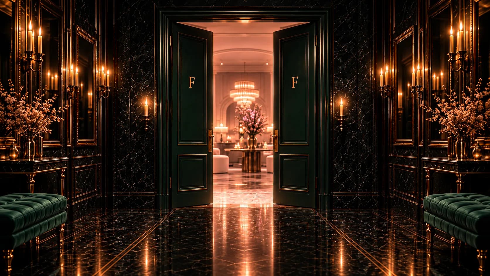 The FOUNDER front hall at night: tall Founder Green double doors, a brass F on each leaf, standing open onto a rose-lit salon with a crystal chandelier and blossom on a brass table; black marble walls, lit candles in brass sconces and green tufted benches either side.