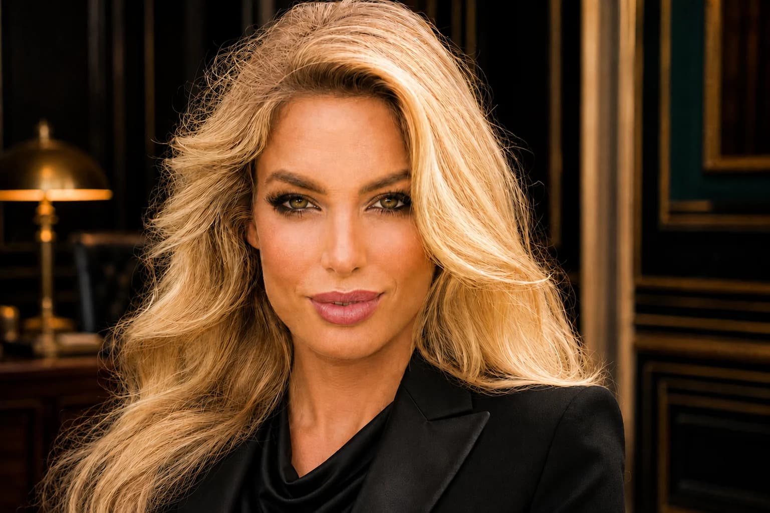 Shelby Korpi in a black blazer, photographed in a panelled room with a brass lamp behind her.