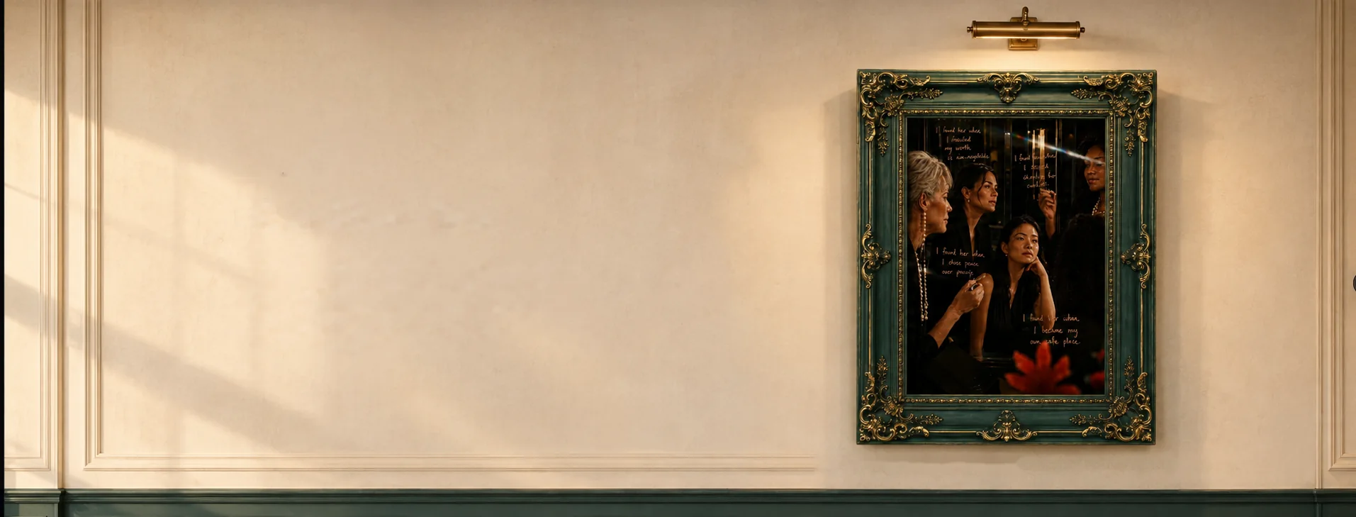 A sunlit ivory panelled wall above a deep green wainscot. A mirror in an ornate green-and-gold frame hangs under a brass picture light; four women are reflected in it, writing on the glass in rose.