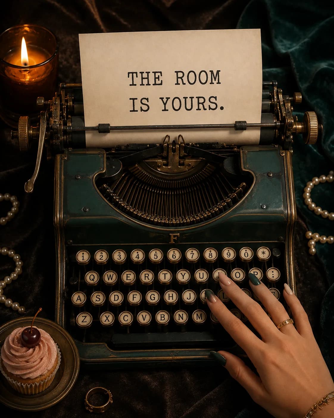 A sheet of paper in a vintage typewriter, typed with the words “The room is yours.”