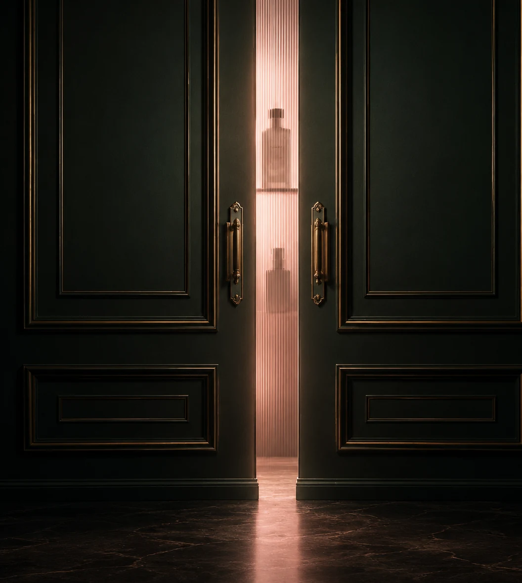 Tall Founder Green doors with brass hardware, shut, a line of warm light along the seam.