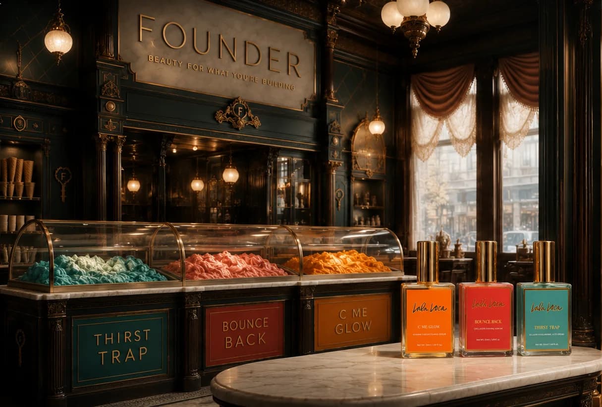 The FOUNDER parlour: three serum counters under glass like a gelateria — turquoise, red and orange — with the three LALALOCA bottles standing on a marble table.