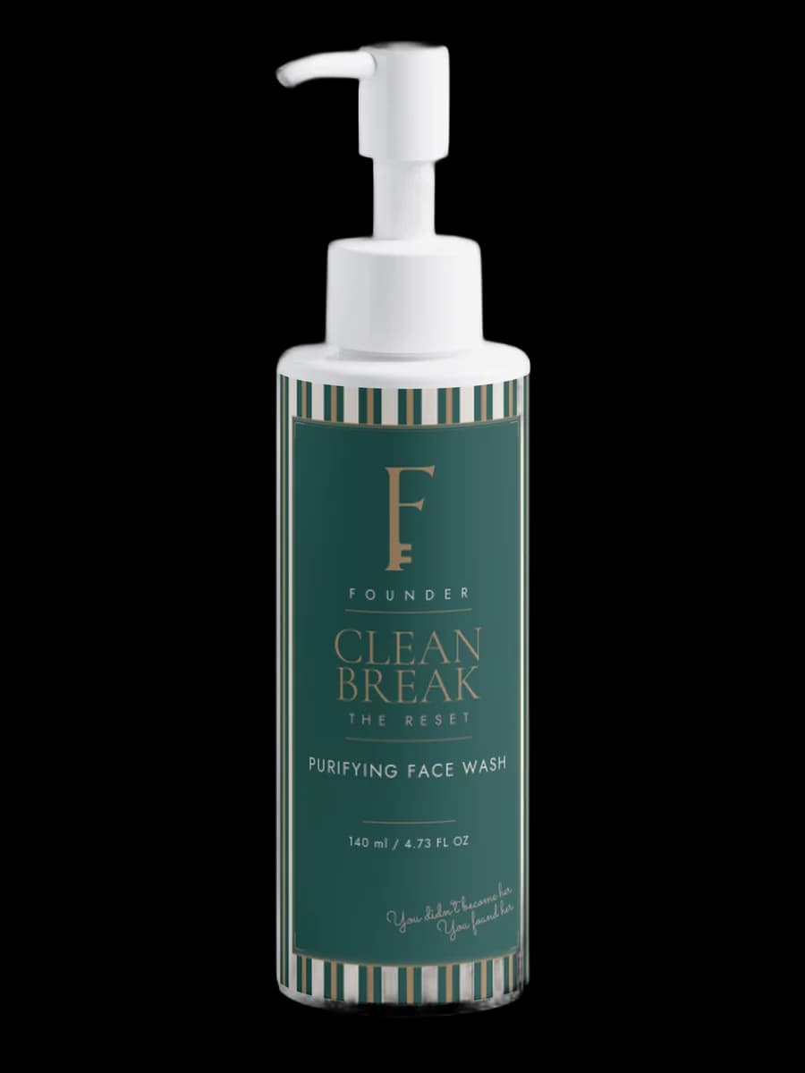 Clean Break purifying face wash: a Founder Green bottle with cream and green stripes and a white pump.
