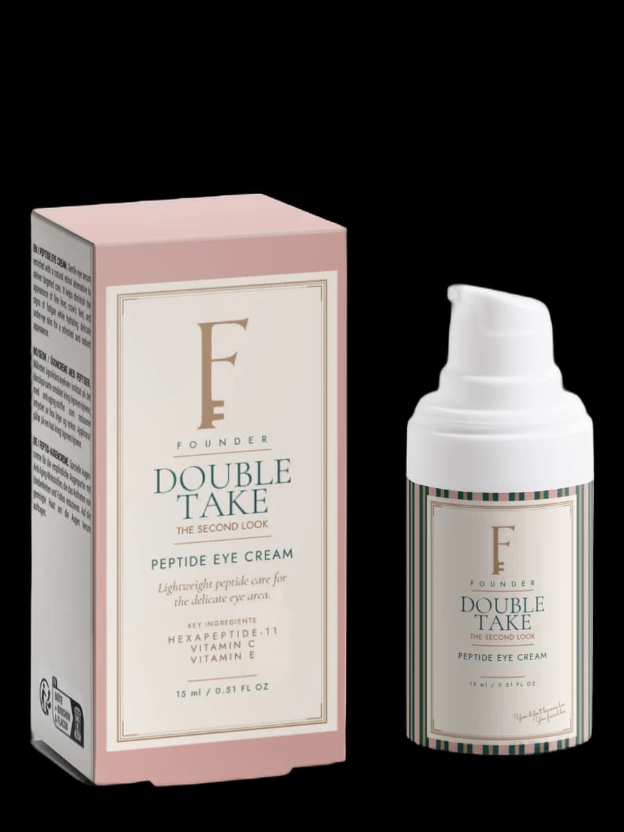 Double Take peptide eye cream: a small Desert Pink bottle beside its carton.