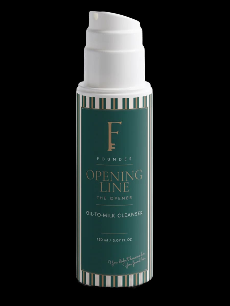 Opening Line oil-to-milk cleanser: a Founder Green bottle with cream and green stripes and a white pump.