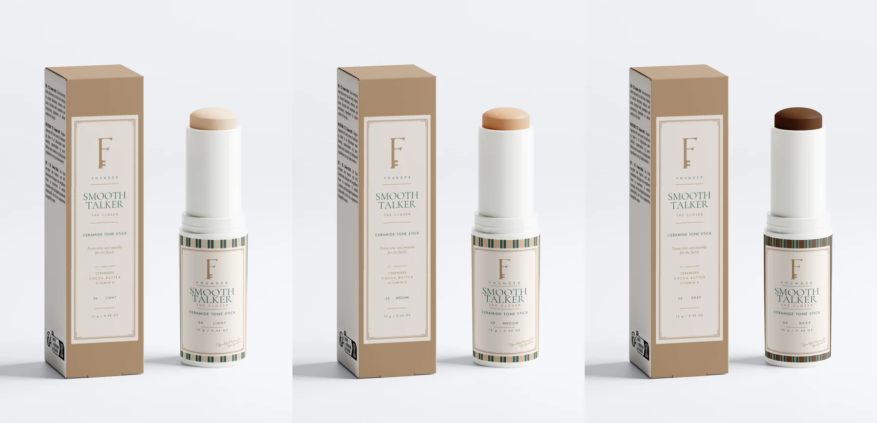 The three Smooth Talker shades side by side — 20 Light, 25 Medium and 35 Deep — each brass carton naming its shade, the shade showing at the tip of each stick.