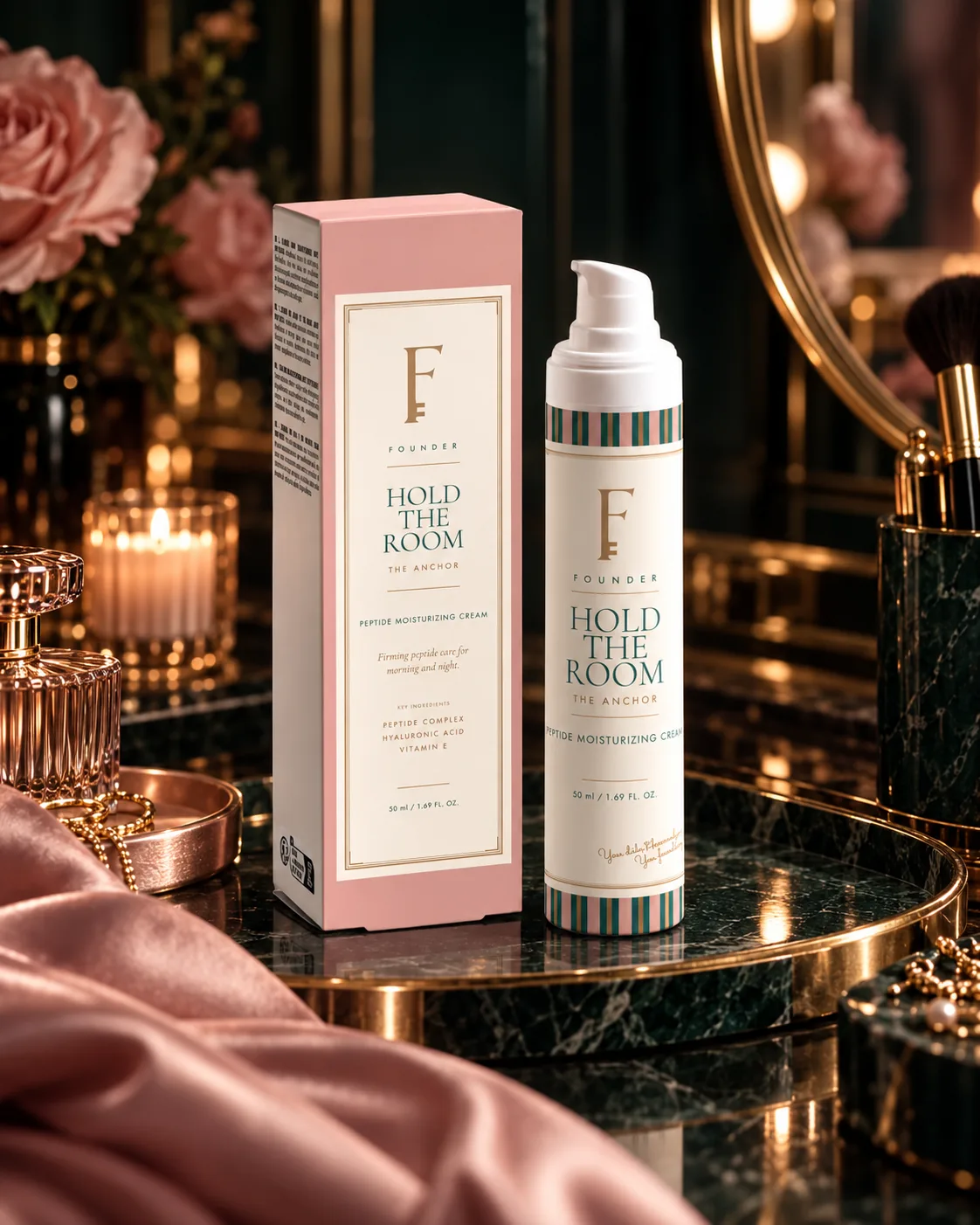 Hold the Room and its carton on a dark marble dressing table in warm low light.