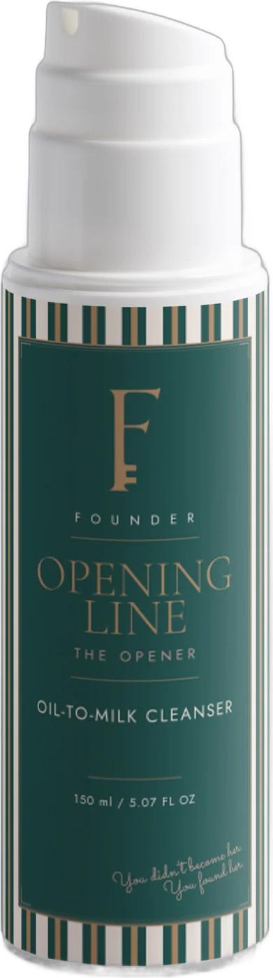 Opening Line: the oil-to-milk cleanser bottle, Founder Green label with cream and green stripes and a white pump.